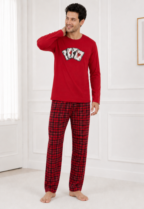 Pijama barbati Serena cu maneca lunga si pantalon lung- Rosu,Engros